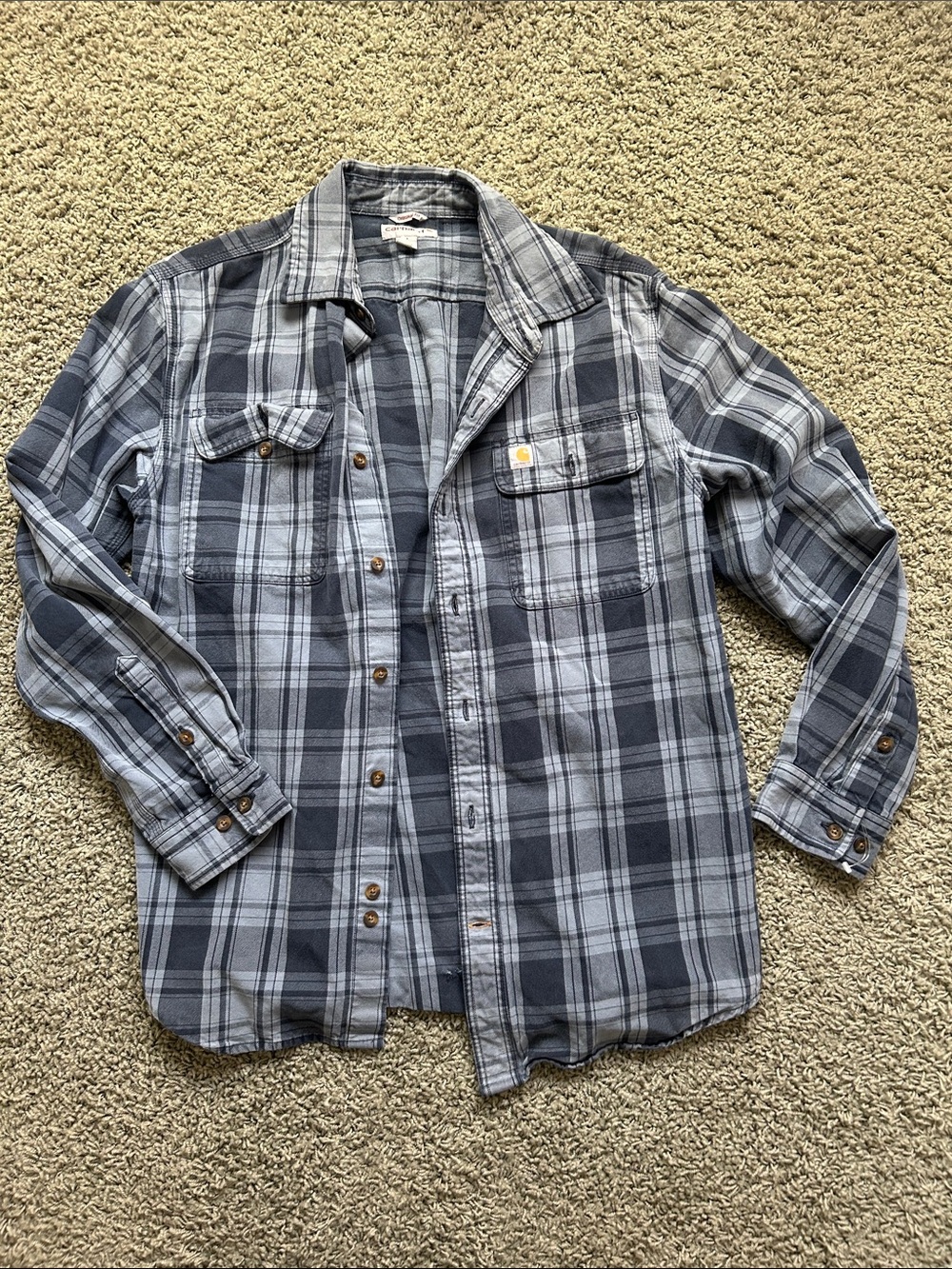 Carhartt Men's Navy and Light Gray Plaid Button-Up Shirt